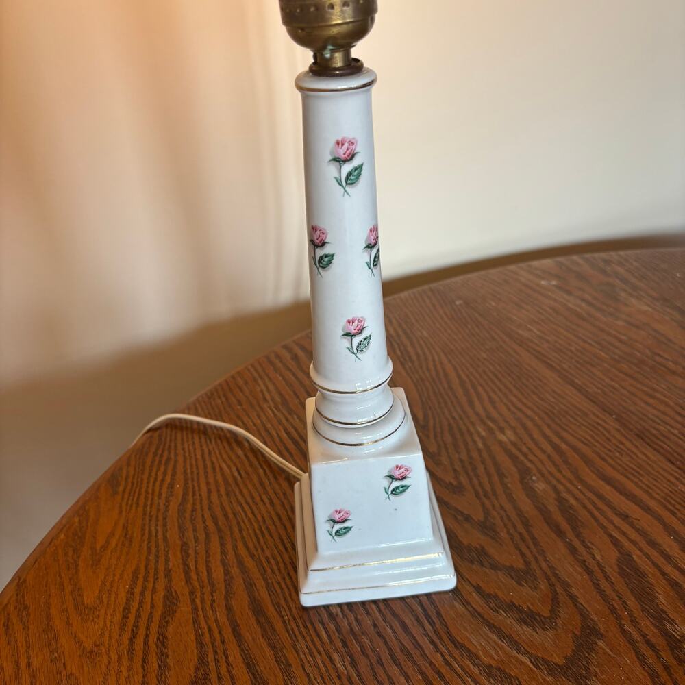 Vintage Porcelain Table Lamp Pink Rose Floral Gold Trim Cottagecore